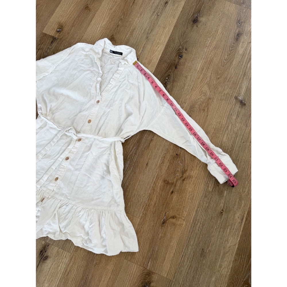 Zara Shirt Dress Womens Medium Cream Linen Blend Ruffle Hem Belted Excellent - Picture 5 of 9